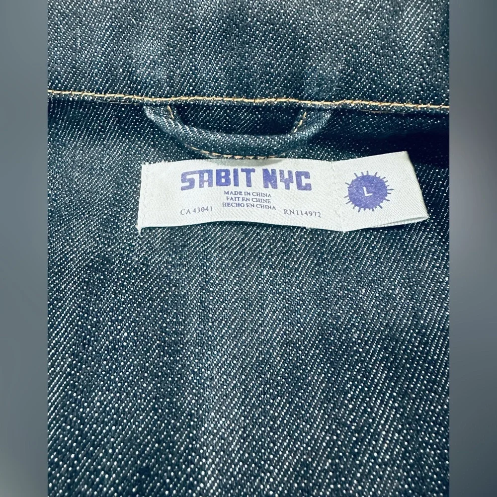 SABIT NYC Men's Denim Jacket Biker Patches‎ Embellished Blue L RARE